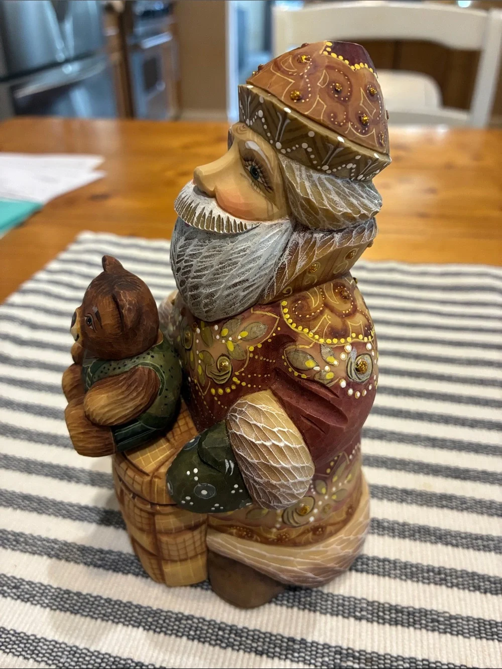 Hand-Painted Rustic Red Santa with Bear Holiday Figurine